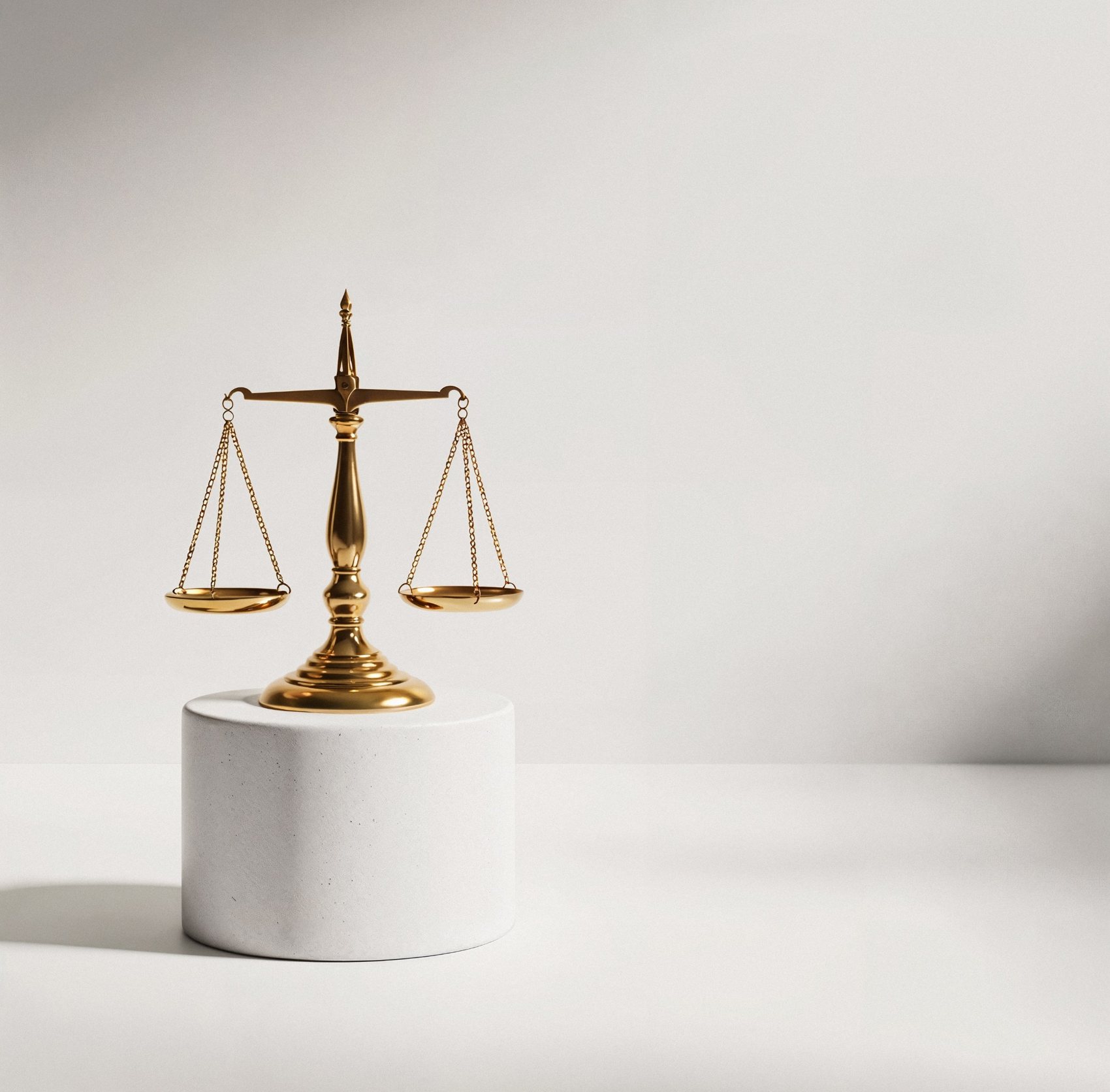 Balança da justiça dourada sobre um pedestal branco